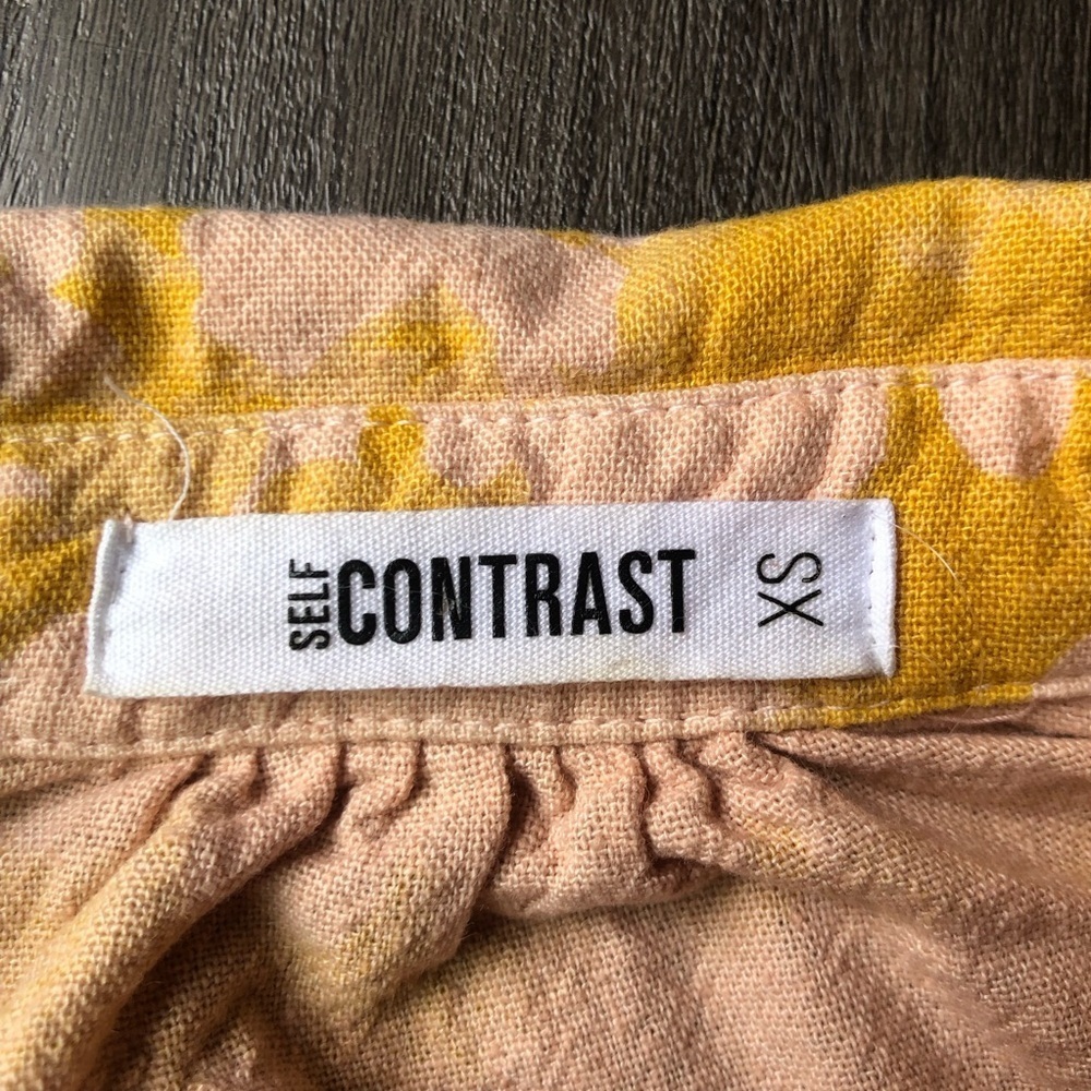 Self Contrast Blouse Women’s XS Pink Yellow Linen Blend Puff Sleeve Button Shirt - Picture 7 of 8